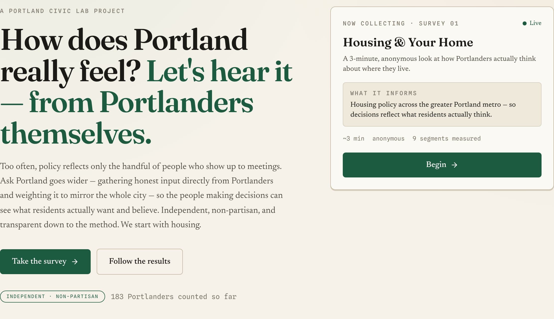 The Ask Portland survey landing page with a live housing survey card