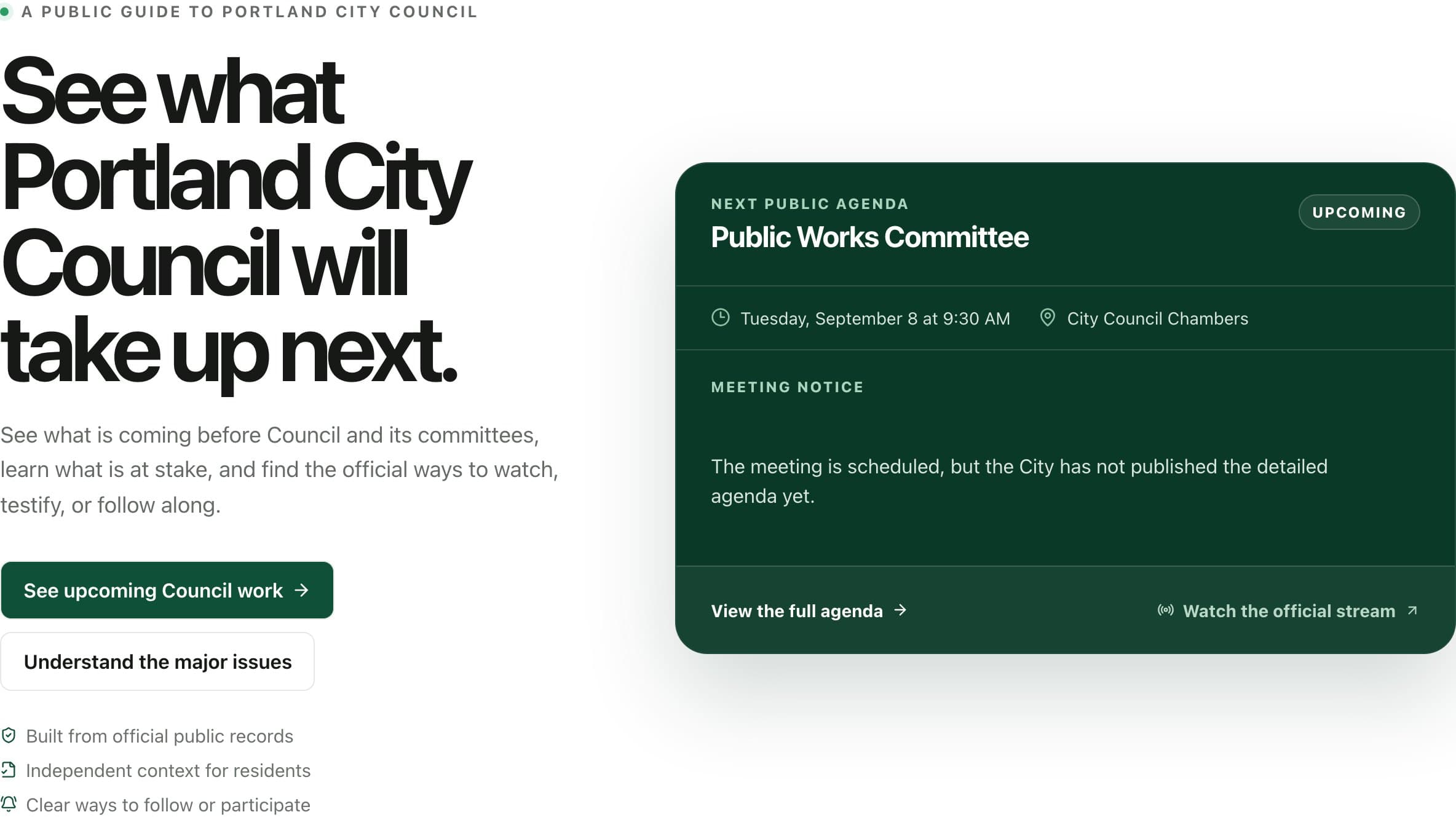 A card showing the next public Council agenda with meeting time, location, and notice status